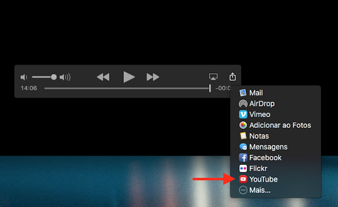 Acessando a opção de compartilhamento com o YouTube do Quicktime no Mac OS (Foto: Reprodução/Marvin Costa)