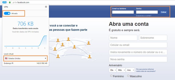 Acesse o Facebook usando a VPN ativada no Opera (Foto: Reprodução/Barbara Mannara)
