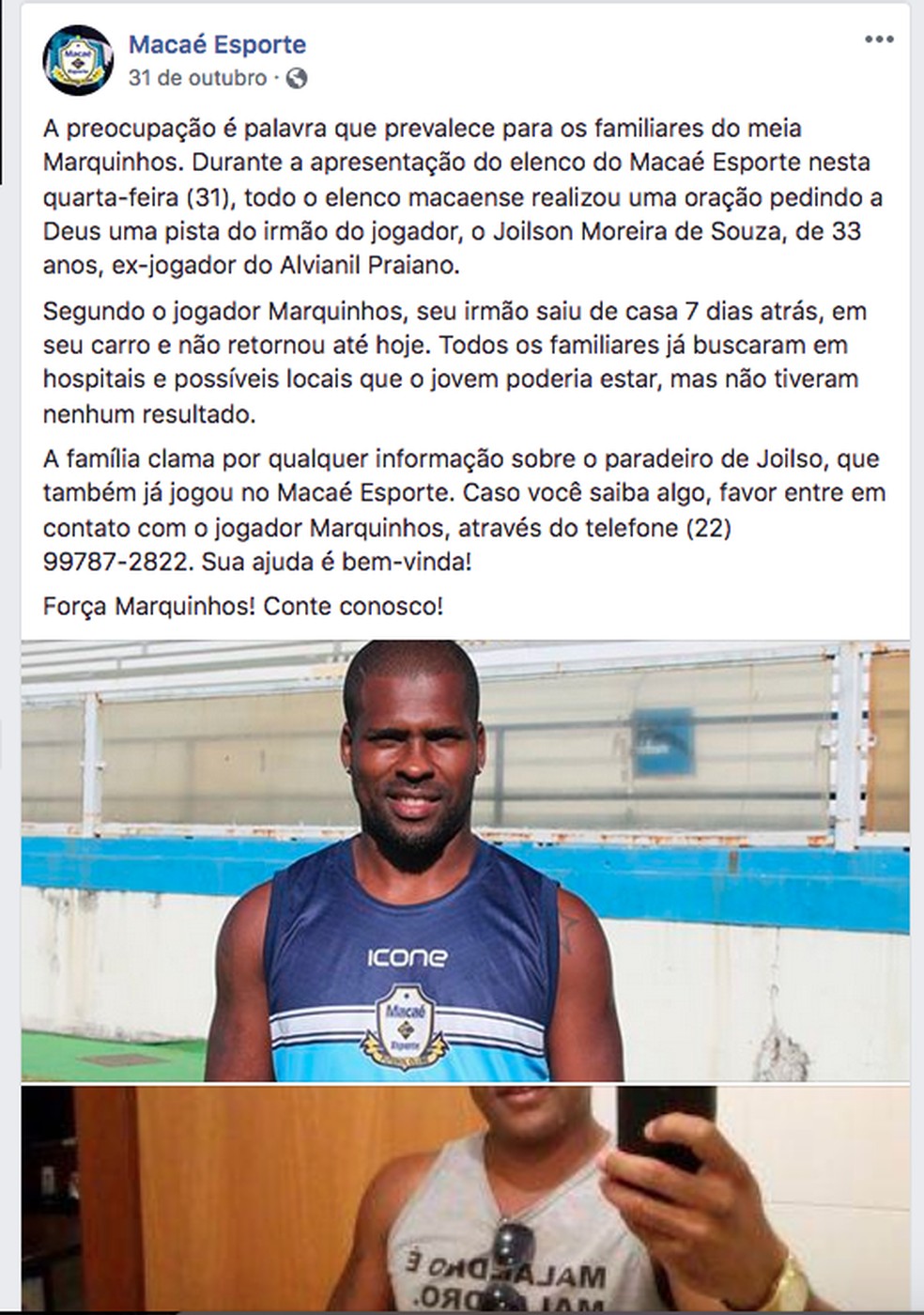 Clube de Macaé, RJ, mostrou solidariedade nas redes sociais  — Foto: Reprodução/ Redes Sociais 