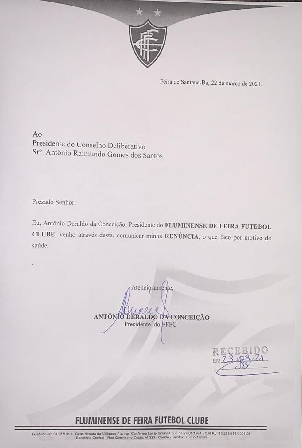 Presidente do Flu de Feira renuncia ao cargo alegando motivo de saúde — Foto: Reprodução