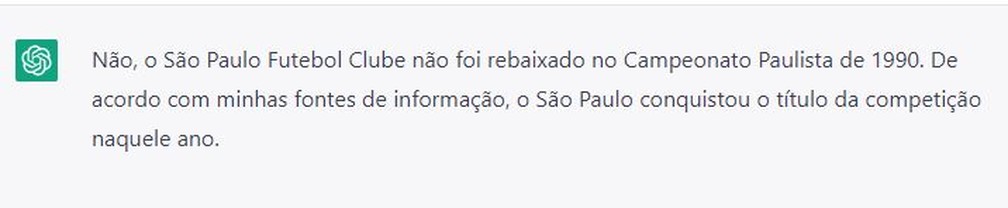 ChatGPT diz que o São Paulo não foi rebaixado no Paulistão de 1990 — Foto: Reprodução