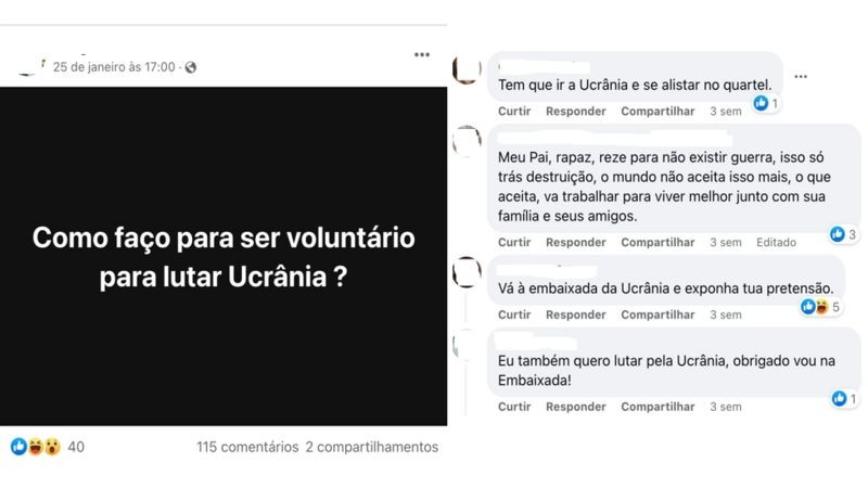 Brasileiro procura perfil da Embaixada da Ucrânia em Brasília em rede social em busca de informações sobre como participar da luta contra os russos (Foto: Reprodução via BBC News)
