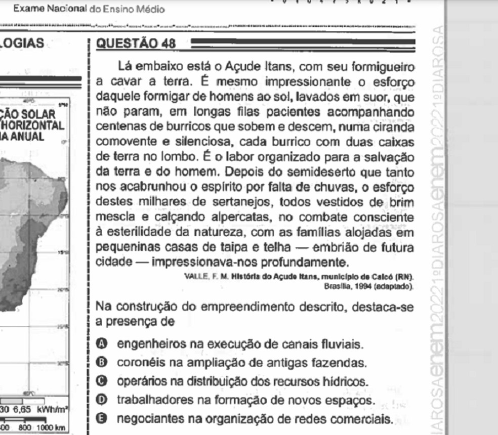 Questão do Enem 2022 cita o açude Itans, em Caicó — Foto: Reprodução