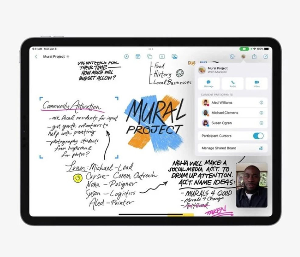 Freeform, novo app da Apple, funcionará como um quadro branco virtual, com recursos ideais para reuniões — Foto: Divulgação/Apple