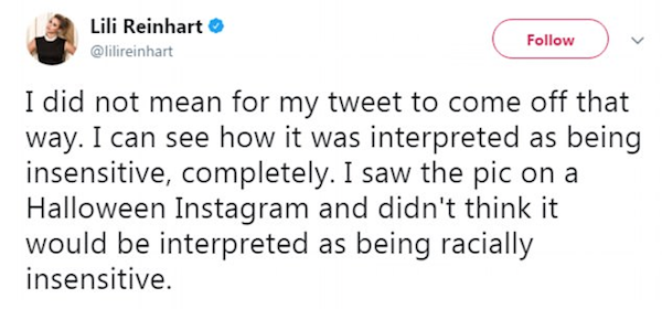 O pedido de desculpas da atriz Lili Reinhart por conta de seu post com conteúdo racista (Foto: Twitter)