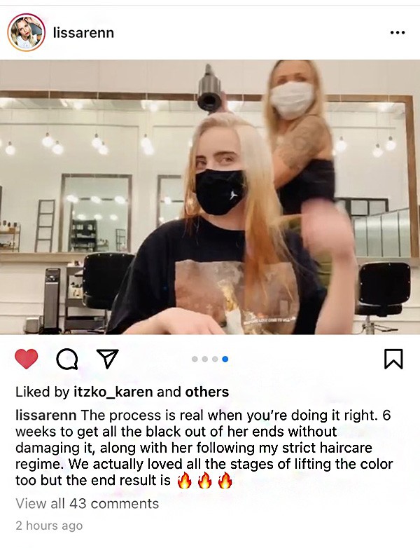 Post da hairstylist Lissa Renn - o qual ela apagou - revelando que o processo de transformação de Billie Elisih durou seis semanas.  (Foto: Instagram)