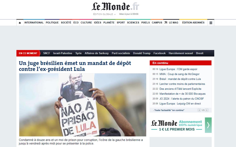 Jornal francês 'Le Monde' transformou em manchete notícia de pedido de prisão de Lula (Foto: Reprodução/Le Monde)