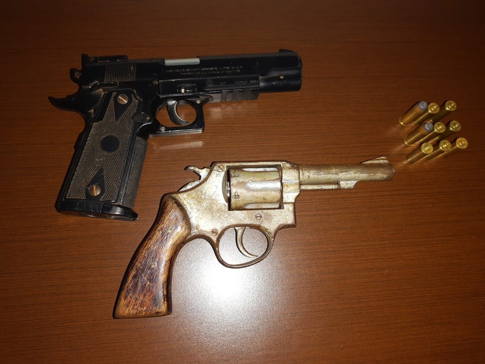 Simulacro de pistola e revólver foram apreendidos — Foto: Polícia Civil