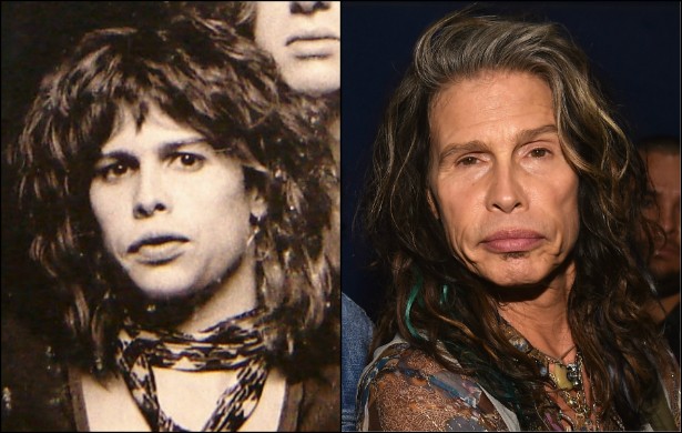 Steven Tyler parece ter tido uma vida sofrida como vocalista do Aerosmith. O roqueiro tinha de 25 para 26 anos na foto da esquerda, na capa do disco 'Get Your Wings'. (1974). Hoje, aos 66 anos, só pode ser reconhecido pelos famosos e generosos lábios. (Foto: Reprodução e Getty Images)