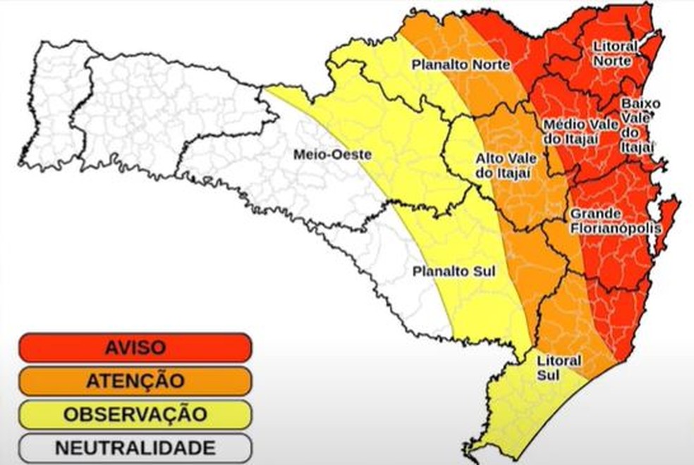 Mapa da Defesa Civil indica chuva intensa para a faixa Leste de Santa Catarina — Foto: Reprodução/Defesa Civil