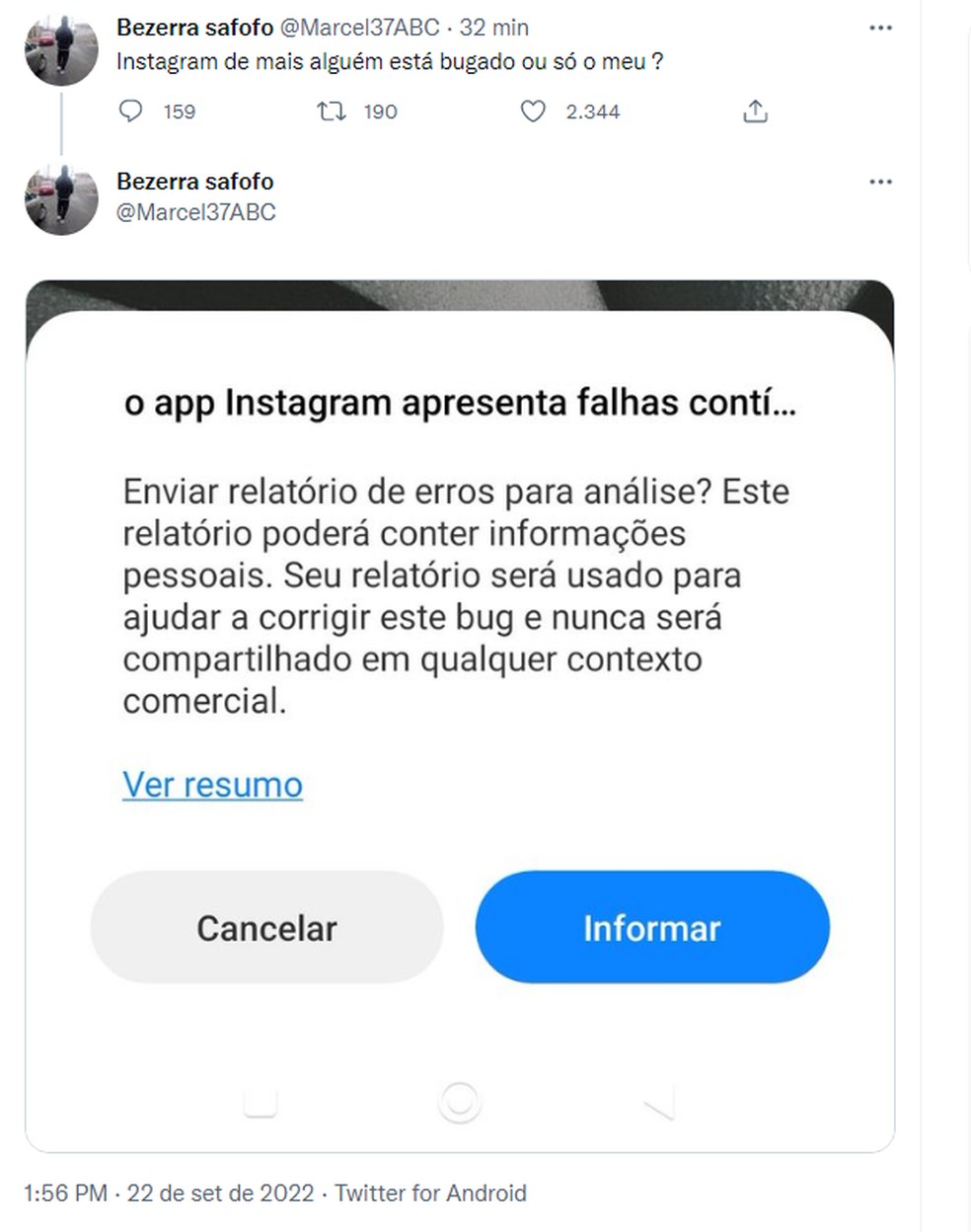 Usuário reporta problema para acessar o Instagram — Foto: Reprodução/Twitter