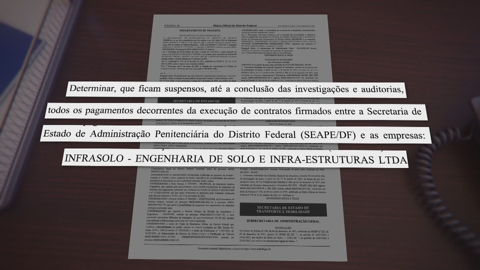 Portaria que suspendeu pagamento de aluguéis à empresas contratadas pela Seape, no DF — Foto: TV Globo/Reprodução