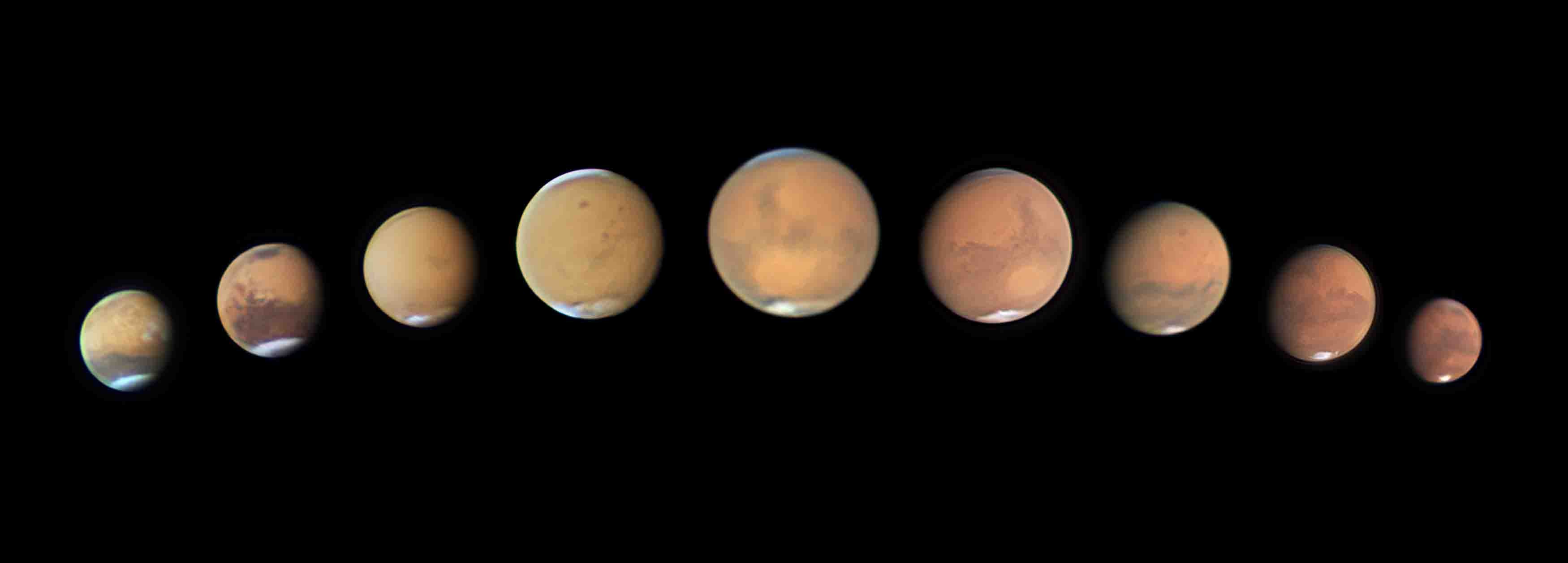 Sequência de imagens através da oposição periélica de Marte em 2018 (Foto: © Andy Casely/Divulgação Royal Observatory Greenwich)