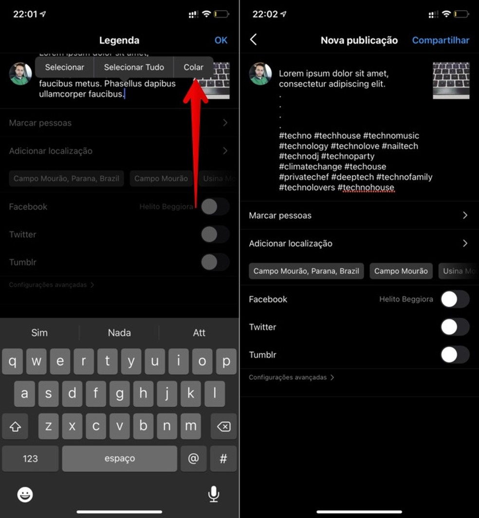 Esconder hashtag: Instagram permite alterar a legenda depois de publicar post — Foto: Reprodução/Helito Beggiora