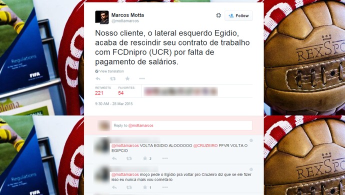 Advogado de Egídio anuncia em seu Twitter que jogador rescindiu contrato com Dnipro (Foto: Reprodução / Twitter)