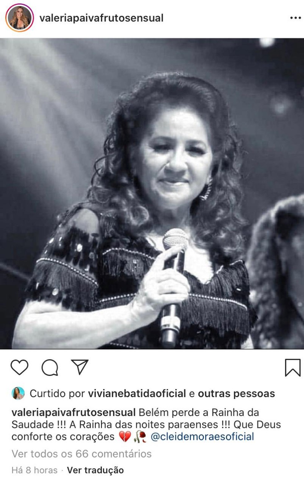 Valéria Paiva da banda Fruto Sensual prestou sua última homenagem a cantora. — Foto: Reprodução/Instagram