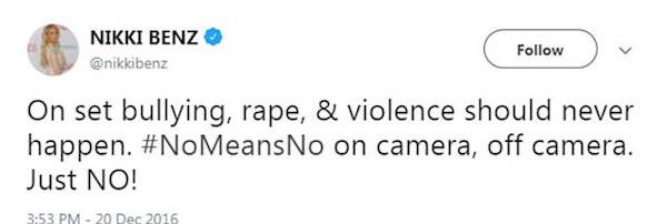 A mensagem da atriz Nikki Benz expondo os abusos sofridos por ela em 2016 (Foto: Twitter)