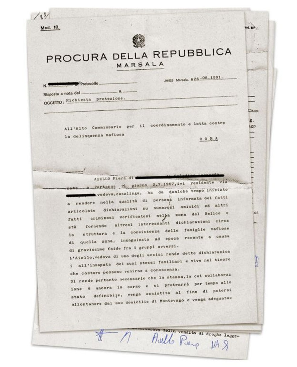 Documento com o qual tribunal solicita, em agosto de 1991, proteção policial para Piera Aiello — Foto: Reprodução via BBC