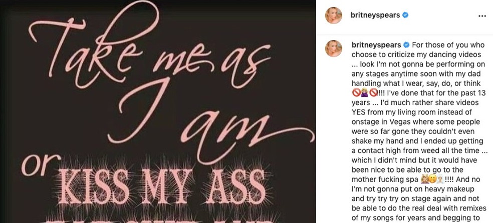 Britney Spears publicou texto em seu perfil do Instagram neste domingo (18) — Foto: Captura de tela/Instagram