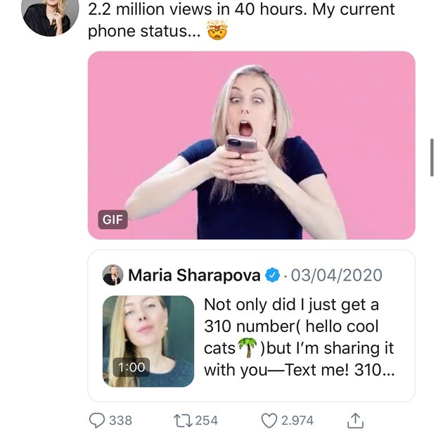  Maria Sharapova divulga número de celular para fãs entrarem em contato durante a quarentena (Foto: Reprodução/Instagram)