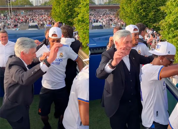 Carlo Ancelotti dança com os jogadores do Real Madrid; no vídeo, Éder Militão e Vinícius Jr.  (Foto: Reprodução/Instagram)