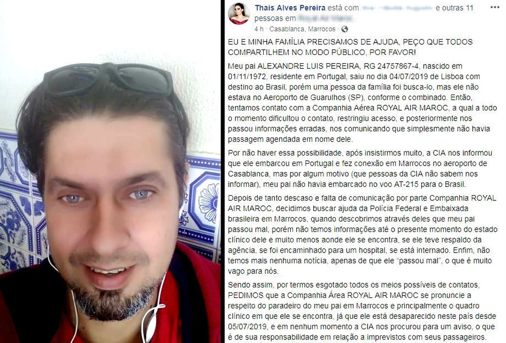 Filha de mecânico brasileiro achado inconsciente no Marrocos fez post na web — Foto: Facebook/Reprodução