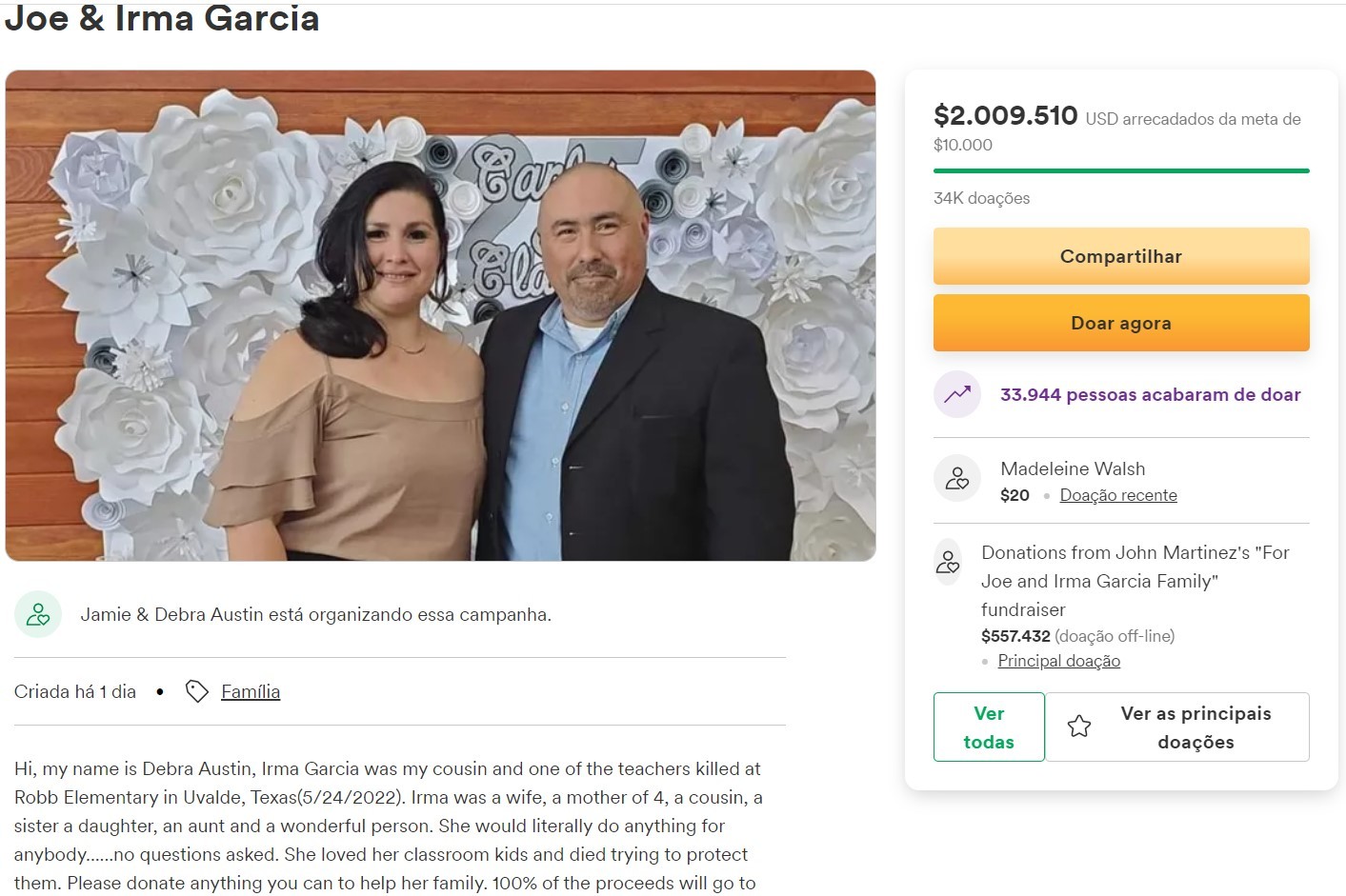 Doações para ajudar família de professora morta em tiroteio chega a mais de 2M de dólares (Foto: reprodução/ GoFoundMe)