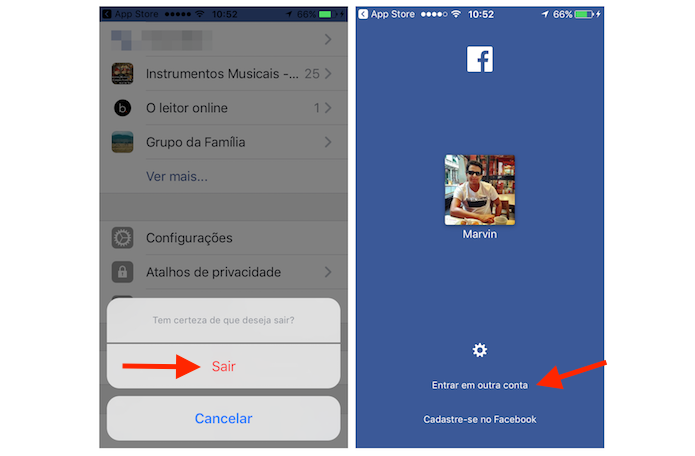 Acessando uma nova conta de usuário do Facebook no app para iPhone (Foto: Reprodução/Marvin Costa)