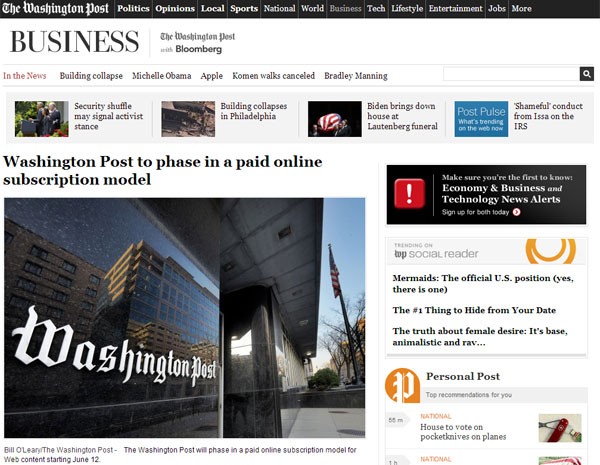 'Washington Post' vai passar a cobrar por conteúdo online a partir de 12 de junho. (Foto: Reprodução/ "Washington Post")