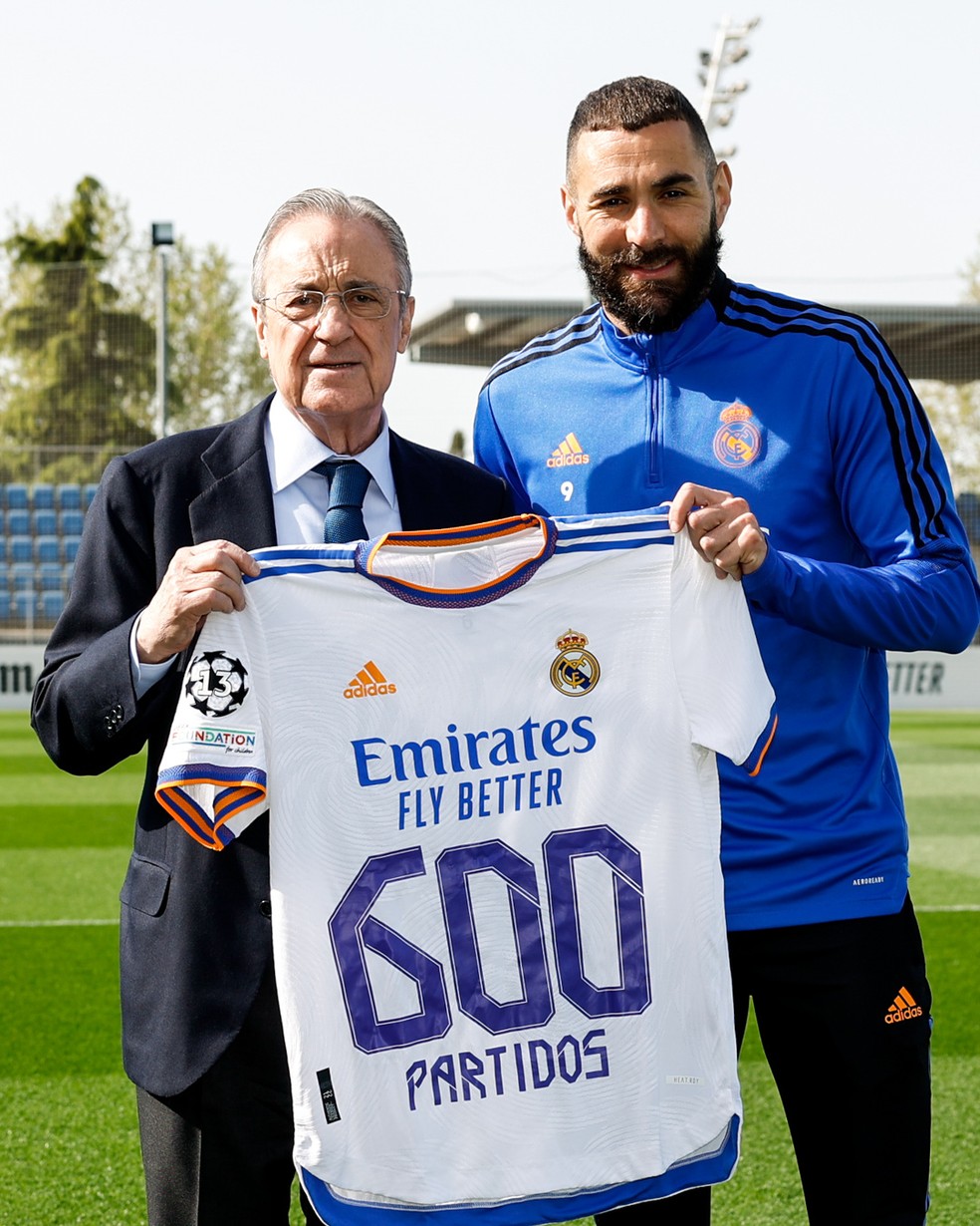 Com a presença de Florentino Pérez, Real Madrid celebra 600 jogos de Benzema e 100 de Rodrygo