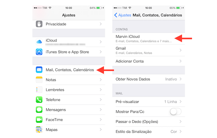Acessando as configurações de uma conta do iCloud no iOS (Foto: Reprodução/Marvin Costa)