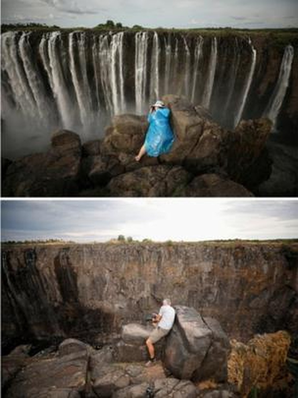 Nestas duas imagens, é possível ver o mesmo ponto das quedas das Cataratas de Victoria em janeiro deste ano e agora  — Foto: Reuters