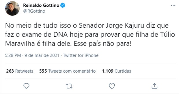 Jorge Kajuru quer DNA para saber se é pai de filha de Túlio Maravilha (Foto: Reprodução/Twitter)