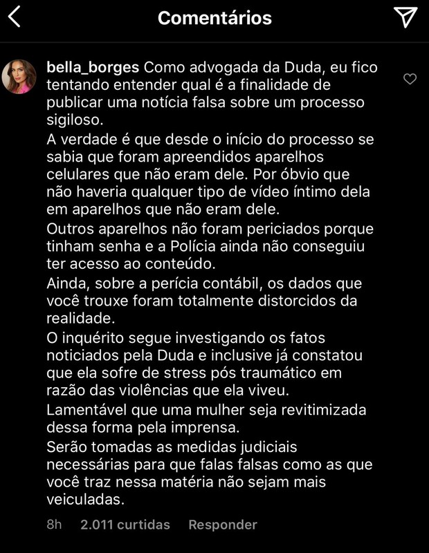 Duda Reis e advogada se pronunciam sobre caso contra Nego do Borel (Foto: Reprodução/Instagram)