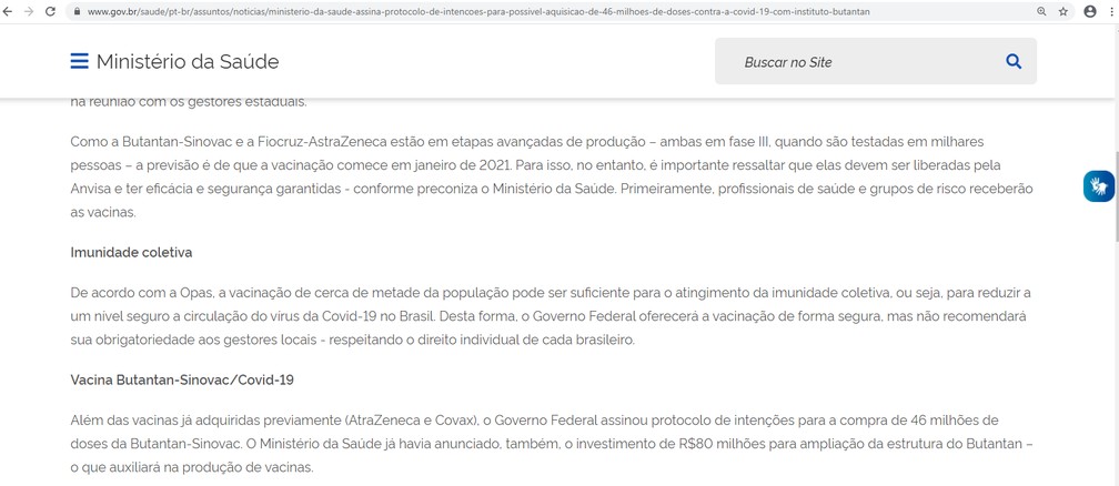Mais abaixo, entretanto, um dos parágrafos do texto continuou igual em ambas as versões. — Foto: Reprodução/Site Ministério da Saúde