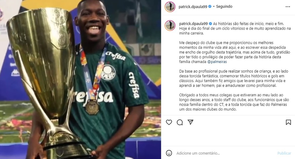Patrick de Paula se despede do Palmeiras  Foto: Reproduo / Instagram