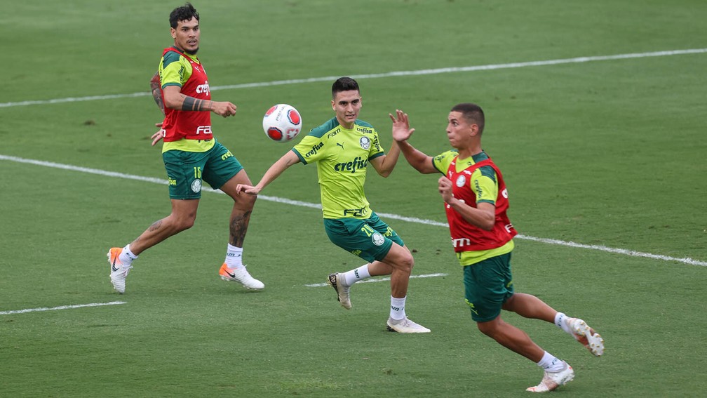 Rafael Navarro of Palmeiras competes for the ball with Claudinho