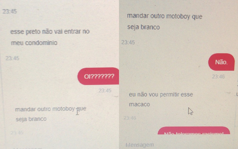 Mensagens mostram cliente chamando entregador de macaco, em Goiânia, Goiás — Foto: Reprodução/TV Anhanguera