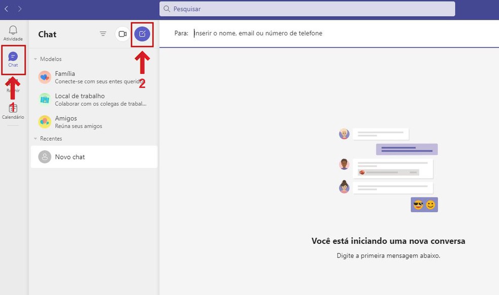 Acessando o menu de chat no Microsoft Teams para iniciar uma nova conversa — Foto: Reprodução/Barbara Mannara