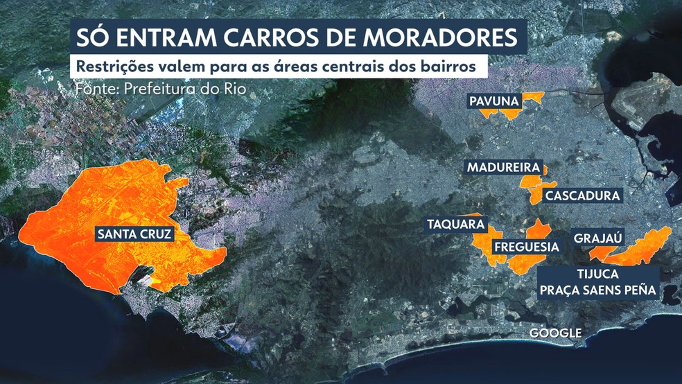 Mapa mostra os bairros que terão bloqueios a automóveis no Rio — Foto: Reprodução/TV Globo