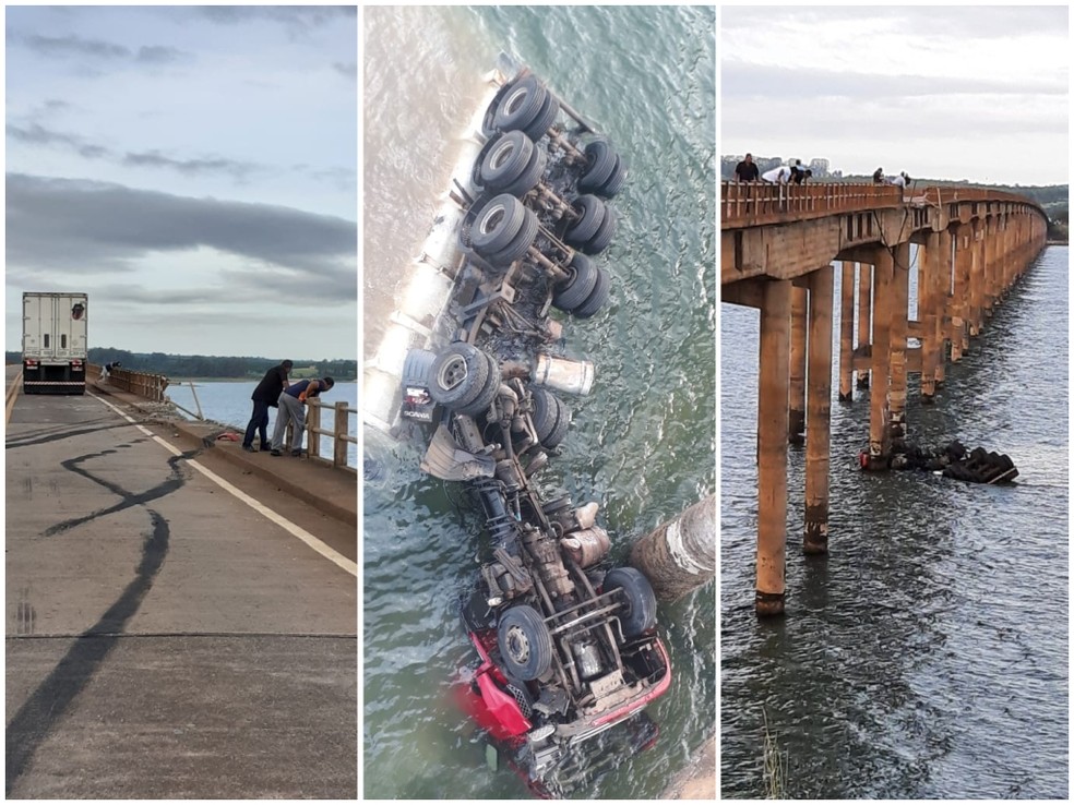 Carreta caiu de ponte sobre a represa de Chavantes, em Fartura — Foto: Arquivo Pessoal