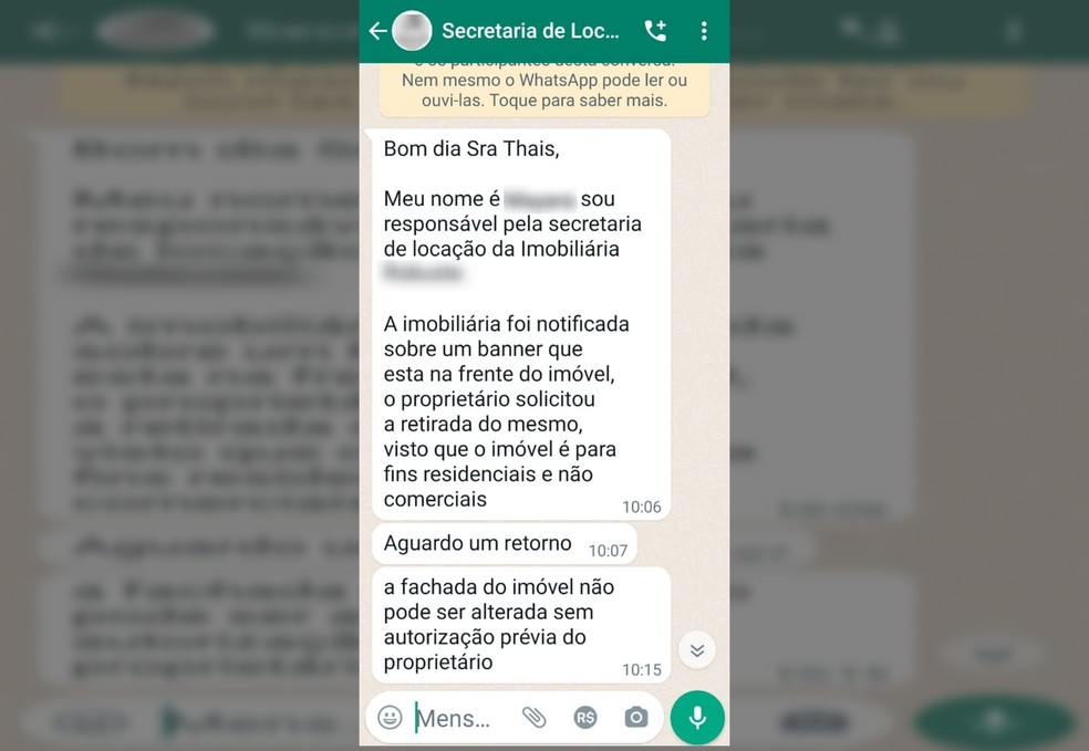 Professora recebeu mensagem pelo celular da imobiliária informando sobre necessidade de retirada do banner: ameaça de multa e despejo — Foto: Reprodução/Arquivo pessoal