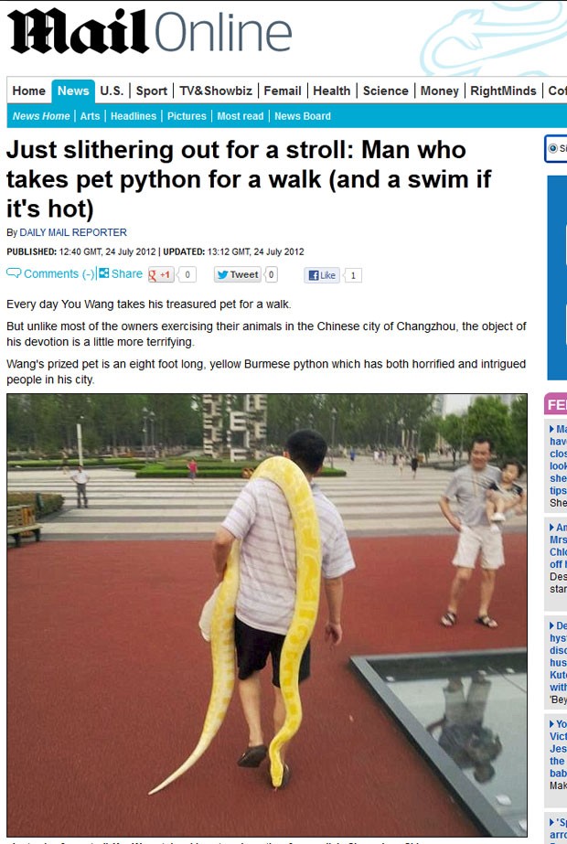 You Wang passeia com cobra de estimação de 2,5 metros. (Foto: Reprodução/Daily Mail)