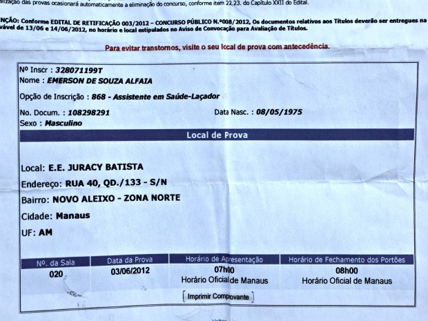 Endereço da escola estava indicado erroneamente no documento de confirmação (Foto: Tiago Melo/G1 AM)