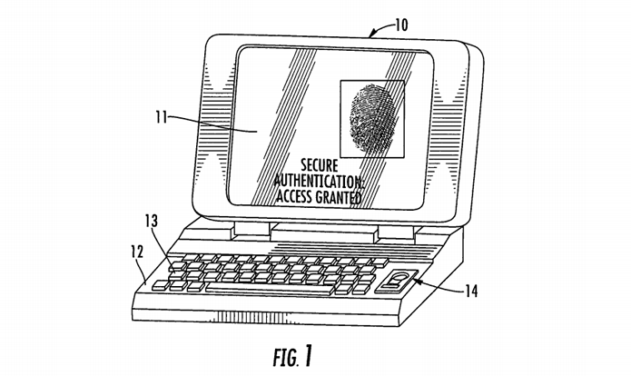 Patente da Apple explica o uso de sensores biométricos, para identificar impressões digitais, em laptops e computadores de mesa (Foto: Reprodução/USPTO)