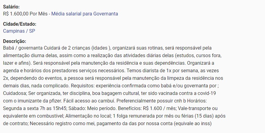 Anúncio de emprego no site Trabalha Brasil  (Foto: Reprodução: Trabalha Brasil )