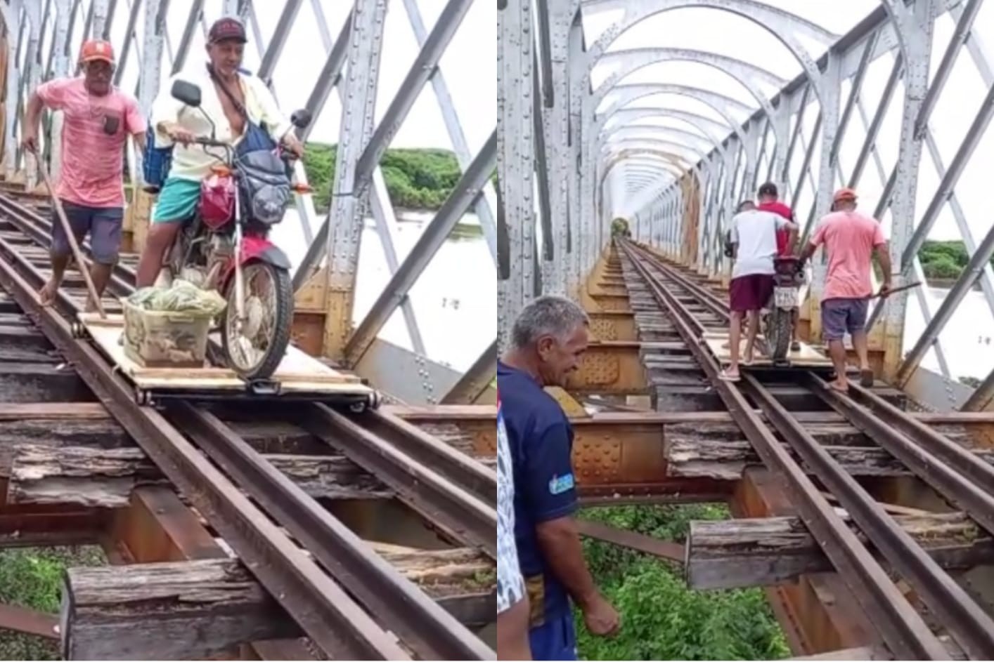 Com estrada interditada após chuvas, população improvisa tábua com rodas em trilho de ponte desativada para se locomover entre cidades no Ceará