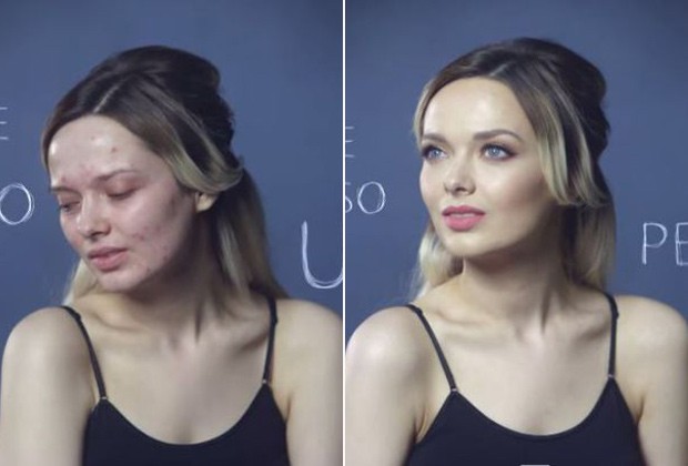 A blogueira de beleza Em Ford no vídeo em que aparece sem e com maquiagem (Foto: Reprodução / YouTube)
