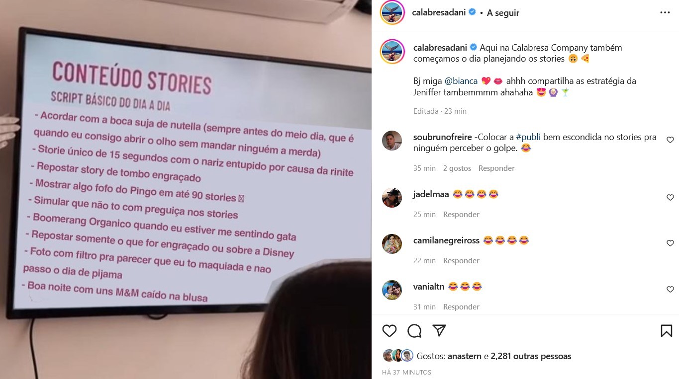 Dani Calabreza ironiza roteiro de postagens de Boca Rosa (Foto: Reprodução/Instagram)