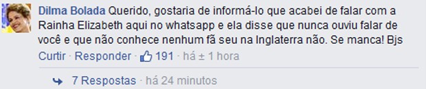 Perfil Dilma Bolada responde a comentário de Ed Motta no Facebook (Foto: Reprodução / Facebook)